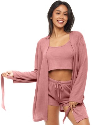 ADR Women's Ribbed Knit Robe and Pajamas Set - Robe, Cami Top and Sleep  Shorts Rose Taupe X Large