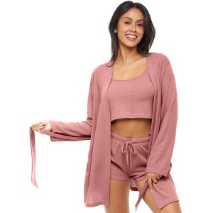 ADR Women's Pajamas Set, Soft Ribbed Knit Waffle 3 Piece Lounge Set - Robe, Cami Top and Sleep Shorts - 1 of 4