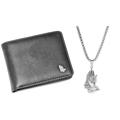 Steeltime Men's Black Vegan Leather Praying Hands Wallet and Praying Hands Pendant Set