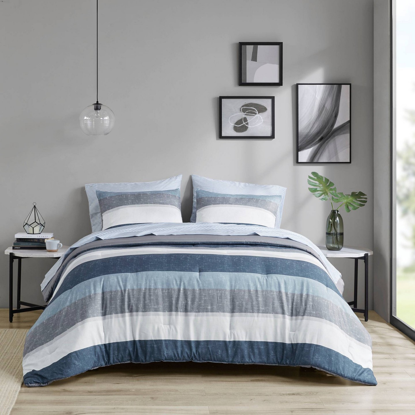 Комплект с одеялом Madison Park 7pc Queen Ryder Comforter Set with Bed Sheets Blue/Gray, цвет: Синий — фото 3