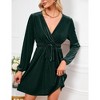 Women's Velvet Dress Wrap V Neck Pleated Waist Long Sleeve Casual Party Skater Dresses - 2 of 4