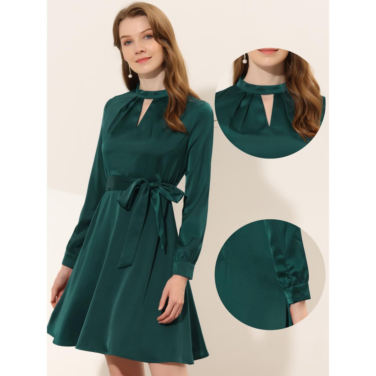 Женские платья INSPIRE CHIC Women's Mock Neck Long Sleeve Satin Keyhole Tie Waist A-line Dress X-Large Dark Green — фото 2