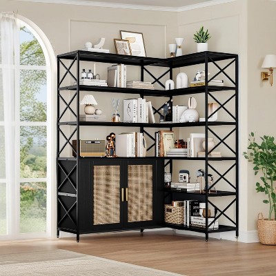 L-Shaped Bookcase, Bookshelf with Ratten Storage Cabinet, Wooden Bookcase with Open Shelves and Metal Frame