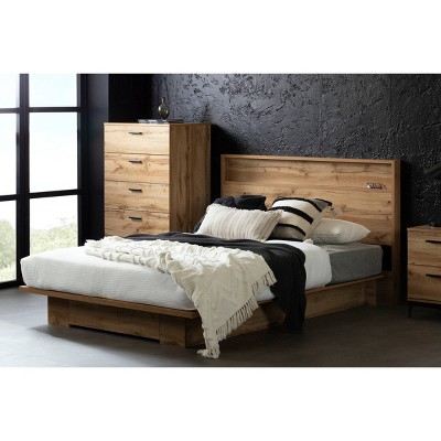 Queen Oak Wood Platform Bed with Single Drawer