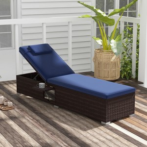 Costway 1/2 PCS Patio Chaise Lounge with 6-level Backrest Comfy Seat Cushion & Headrest Backyard Navy - 1 of 4