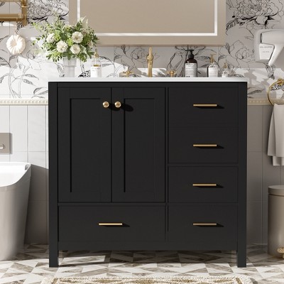 TIRAMISUBEST 36'' Bathroom Vanity with Ceramic Sink, Retro Style Freestanding Cabinet w/ 4 Drawers & 2 Soft Closing Doors