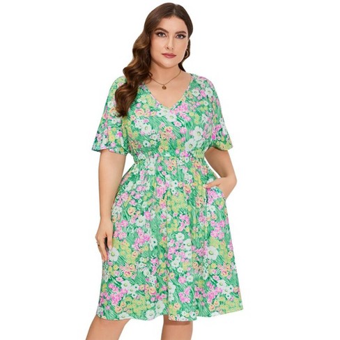 Whizmax Women's Plus Size Midi Dress Summer Floral Print Ruffle Flowy Dress - image 1 of 4