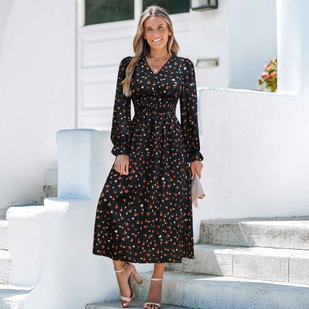 Женские платья Cupshe Women's Floral Print Long Sleeve Maxi Dress-M-Black Floral — фото 4