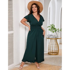 Coolmee Womens Plus Size Jumpsuits Vintage Short Flutter Sleeve Ruffled Hem Floral Printed Wide Leg V Neck Romper Long Jumpsuit 4XL Dark Green - 1 of 4