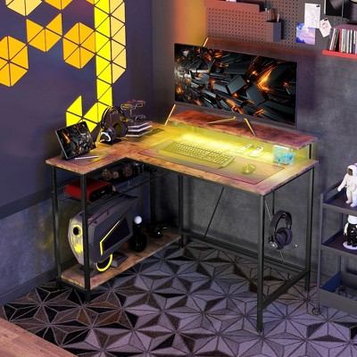 NicBex Home Office Desk L-Shape Morden Corner Gaming Desk with Open Storage Shelves, Hook, Monitor Stand and LED Light Strip for Games and Work