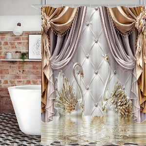 Paaaawaters 1 Piece Gold Floral Swan Print Shower Curtain Set with Hooks Waterproof Bathroom Partition Curtain - 1 of 4