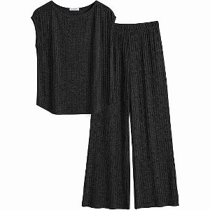 Ekouaer 2 Piece Lounge Sets for Women Matching Summer Outfits Casual Ribbed Knit Cap Sleeve Wide Leg Pants Sets - 1 of 4