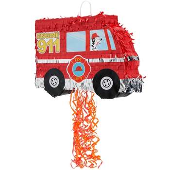 Blue Panda Small Pull String Fire Truck Pinata for Birthday Party Decorations, Firefighter Party Supplies, 16 x 12.3 x 3 In