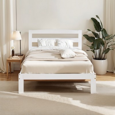 Subrtex Solid Wood Platform Bed with Headboard, Bed Frame with Wood Slat Support, White