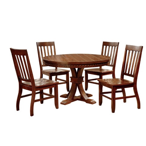 5pc Crayton Nailhead Trimmed Pedestal, Rustic Round Dining Table Set For 4