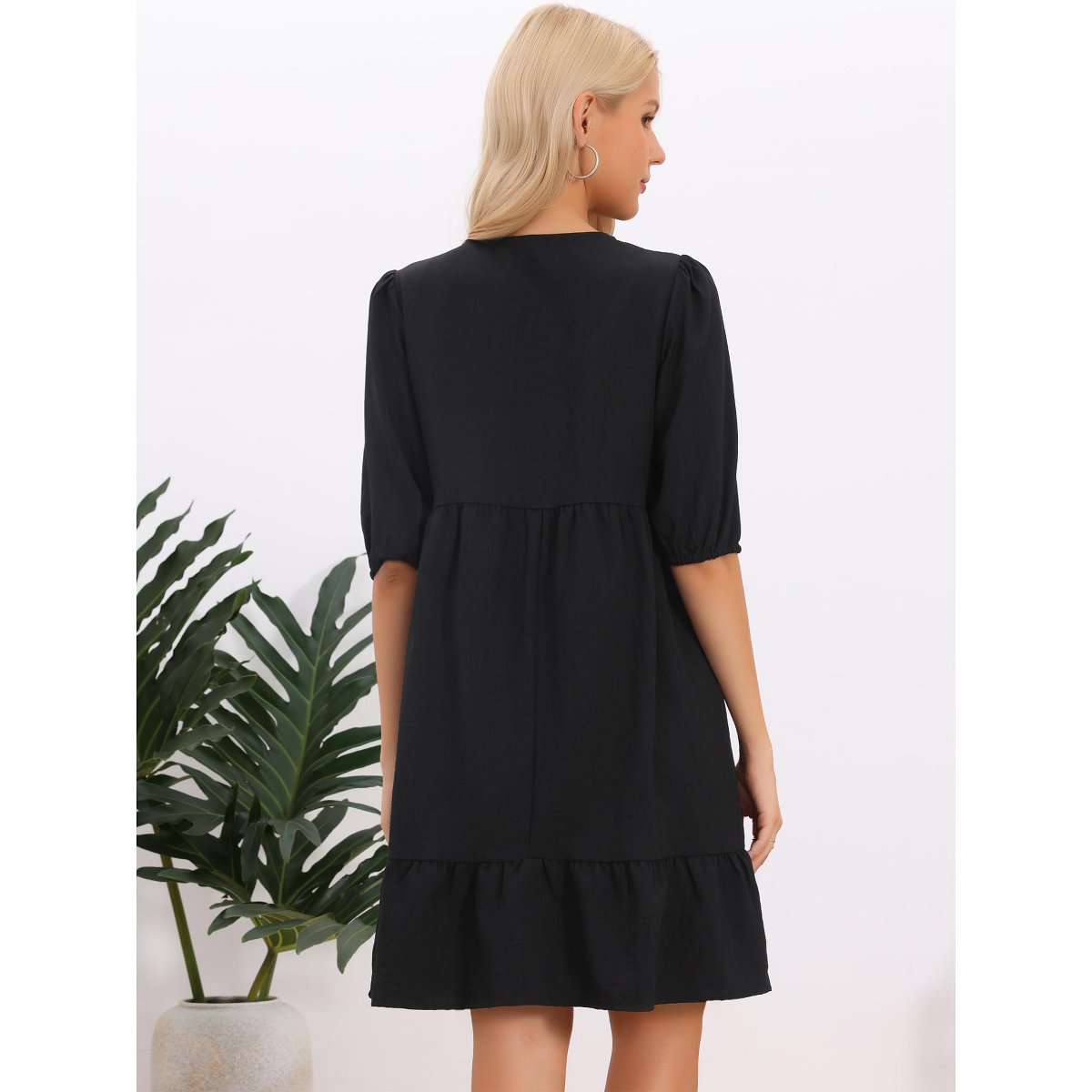 Женские платья INSPIRE CHIC Women's Summer Embroidered Eyelet Puff Sleeve Ruffle Hem Short Babydoll Dresses Small Black — фото 3