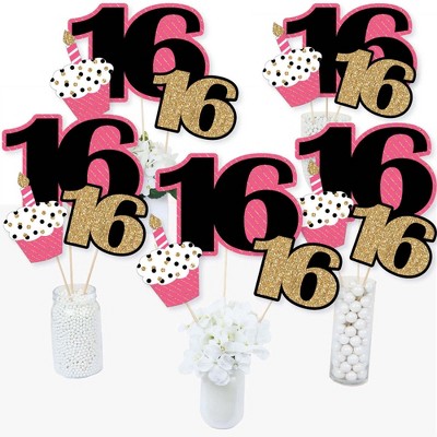 Big Dot of Happiness Chic 16th Birthday - Pink, Black and Gold - Birthday Party Centerpiece Sticks - Table Toppers - Set of 15