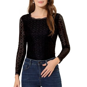 Allegra K Women's Slim Fit Sheer-Long-Sleeves Flower Embroidery Lace Top - 1 of 4