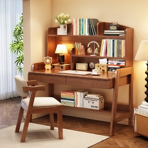 Kids Desk, Wooden Study Desk, Home Office Desk, Writing Desk, Computer Desk, With Bookshelf and Drawers, With Chair - 1 of 4