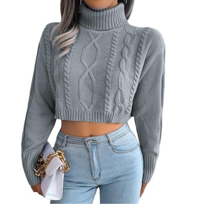 Women's Fall Cable Knit Sweater Long Sleeve Shirt Turtleneck Cropped Casual Pullover Sweater Top