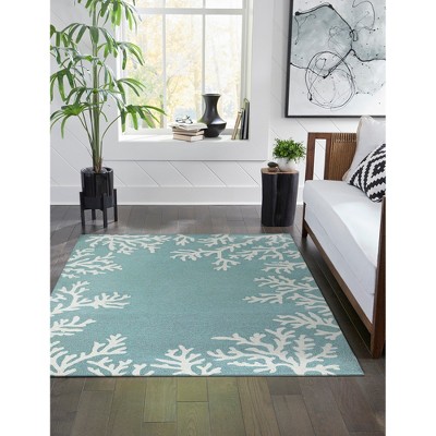 Handmade Coral Border Aqua Tufted Wool Blend Rug