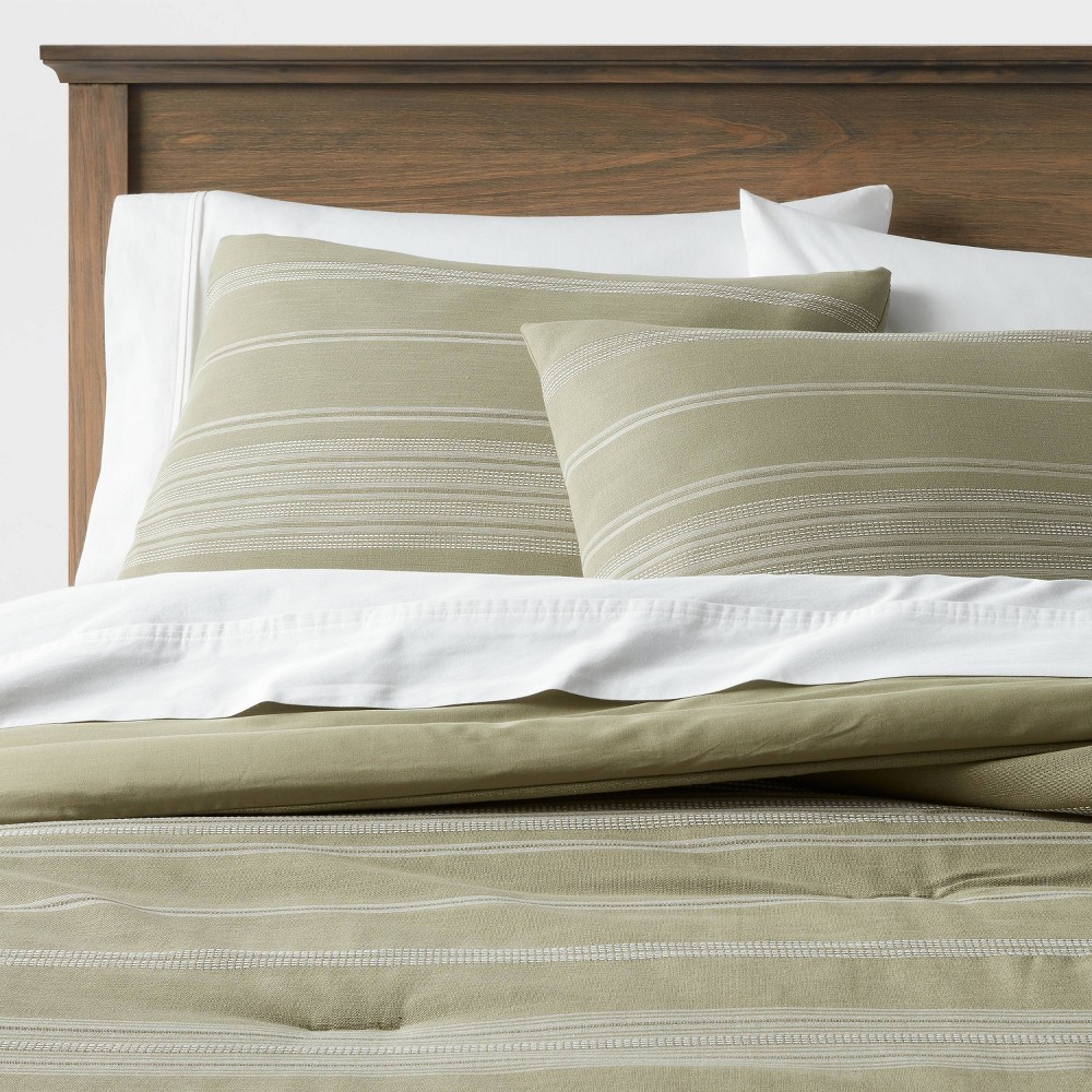 Photos - Bed Linen Full/Queen Cotton Woven Stripe Comforter & Sham Set Moss Green/White - Thr