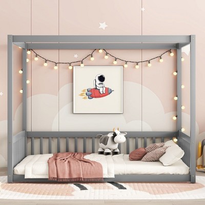 CAVINAS Twin/Full Size Kids Montessori Bed with Canopy Frame,Floor Bed with Guardrails Design,Toddler bed for Bedroom Playroom,Gray/White/Brown