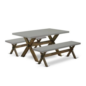 HomeStock 3-Piece Rectangle Distressed Jacobean Finish Solid Wood Top Dining Table with 2-Benches - 1 of 4