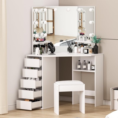 Corner Vanity Desk Set with 3-Folding Lighted Mirrors, Makeup Vanity Table with Charging Station