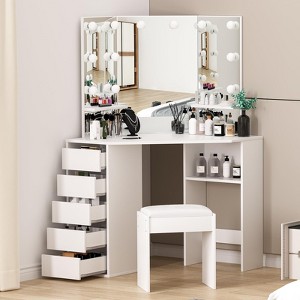 Corner Vanity Desk Set with 3-Folding Lighted Mirrors, Makeup Vanity Table with Charging Station - 1 of 4