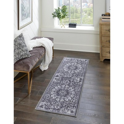 Dark Gray Medallion Washable Chenille Runner Rug