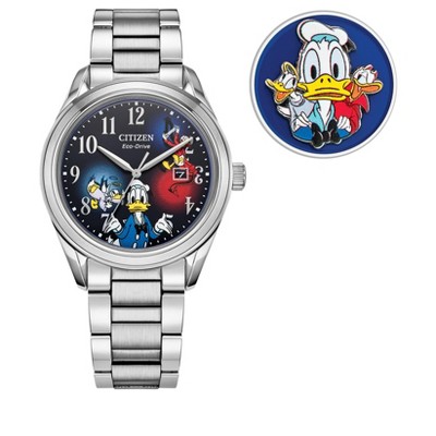Citizen Men's Eco-Drive Feisty Donald Duck 90th Anniversary Watch, Silver-Tone Stainless Steel Bracelet, Blue Dial