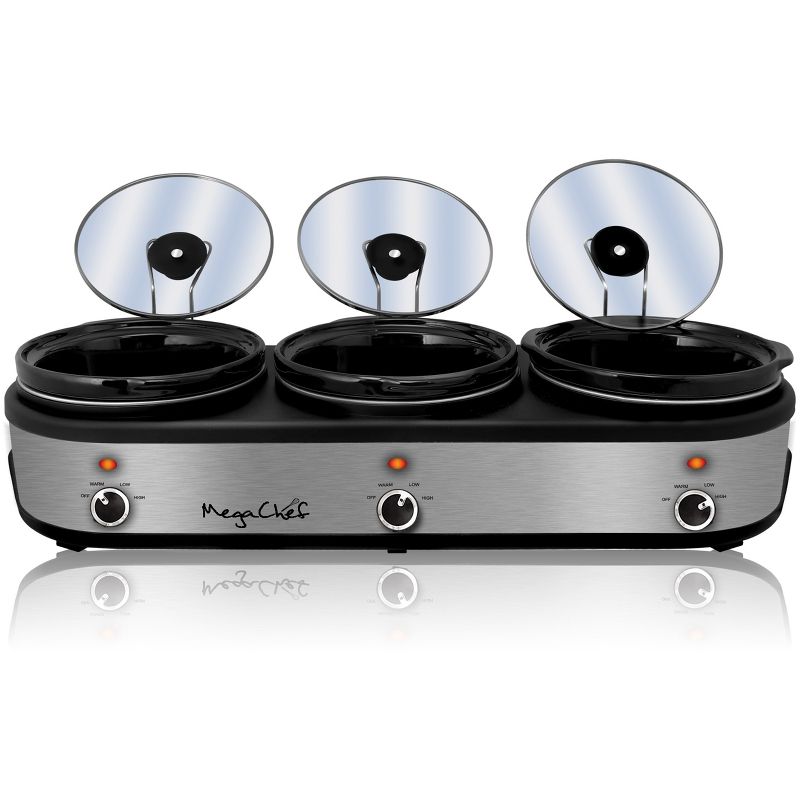 MegaChef Triple 2.5 Quart Slow Cooker and Buffet Server with 3 Ceramic Cooking Pots and Removable Lid Rests, 4 of 8