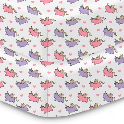 BreathableBaby Cotton Percale Fitted Sheet, For 52" x 28" Crib & Toddler Bed Mattress, Unicorns (2-Pack)
