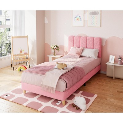 Twin Bed Frame, Boucle Upholstered Platform Bed with Wave Headboard for Girls/Kids, Easy Assembly, Wood Slats Support, No Box Spring Needed