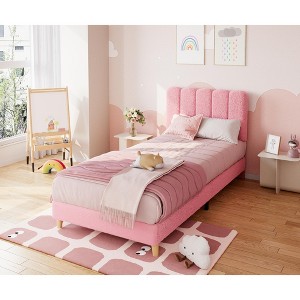 Twin Bed Frame, Boucle Upholstered Platform Bed with Wave Headboard for Girls/Kids, Easy Assembly, Wood Slats Support, No Box Spring Needed - 1 of 2