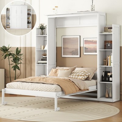PAGED Modern Wooden Murphy Bed, Queen Size Bed Frame with 10 Shelves and LED Light, Platform Bed for Small Room, Space-Saving