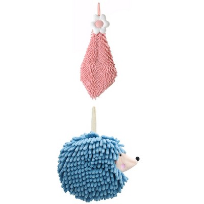 REGALWOVEN 2 Packs Chenille Hand Towel Flower and Cute Cartoon Hanging Hand Towel for Bathroom 6" x 15"/7" x 7"
