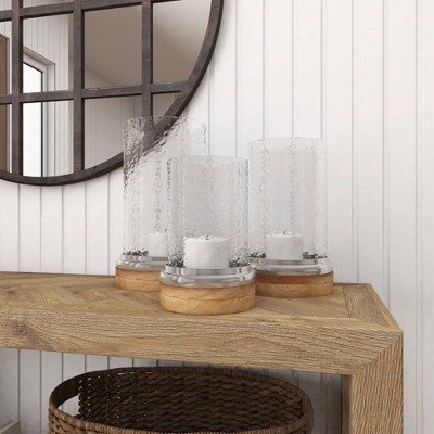 Elegant Traditional Wood & Glass Hurricane Candle Lantern Trio