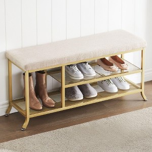 Homhougo 2 Tier Entryway Bench - Modern Shoe Storage Bench Organizer with Cushion Gold - 1 of 4