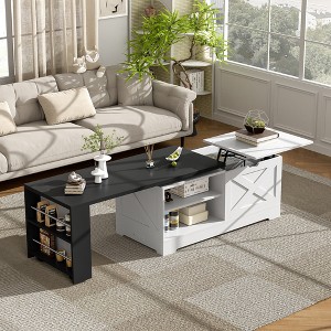 LOVSON Farmhouse-style lift coffee table with barn doors, featuring large hidden storage and open shelving, suitable for living room, bedroom,office - 1 of 4