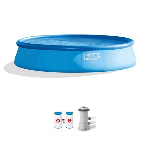 Intex Easy Set Inflatable Puncture Resistant Circular Above Ground Portable Outdoor Family Swimming Pool with Filter - 1 of 4