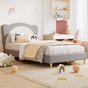 Full Bed Frame for Kids - with Adjustable Chic Scallop Headboard, Cute Velvet Princess Platform Bed for Girls/Kids, Solid Wood Slats Support - 1 of 4
