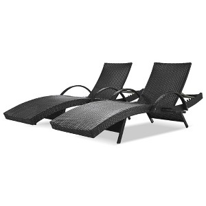 Gulches Outdoor Wicker Chaise Lounge Chairs Set of 2, Ergonomic Wave Design, Adjustable Backrest, Pull-out Side Table for Pool Sunbathing, Black - 1 of 4