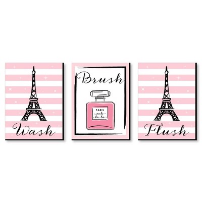 Big Dot of Happiness Paris, Ooh La La - Kids Bathroom Rules Wall Art - 7.5 x 10 inches - Set of 3 Signs - Wash, Brush, Flush