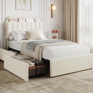 Bed Frame with Storage Headboard, Kids Bed Frame with 2 Drawers, Boucle Upholstered Platform Bed with Bookcase - 1 of 4