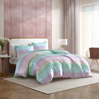 Pastel Ombre Purple and Green Satin King Bedspread Set