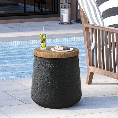 Dracelo 1pcs Patio Black Side Table, With Wood Grain Top, Cylindrical Shape Patio Side Table