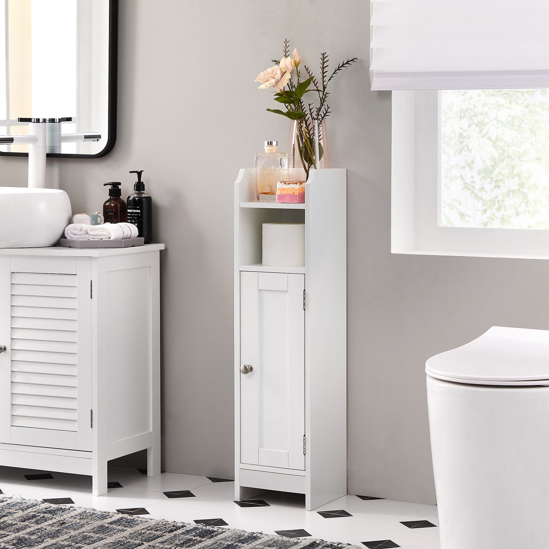 LEDREM Slim Freestanding Bathroom Cabinet, Narrow Storage Unit with Door and Adjustable Shelves, Toilet Paper Organizer, White