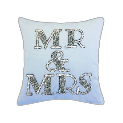 18"x18" Celebrations Beaded "Mr & Mrs" Sqaure Pillow Blue - Edie@Home